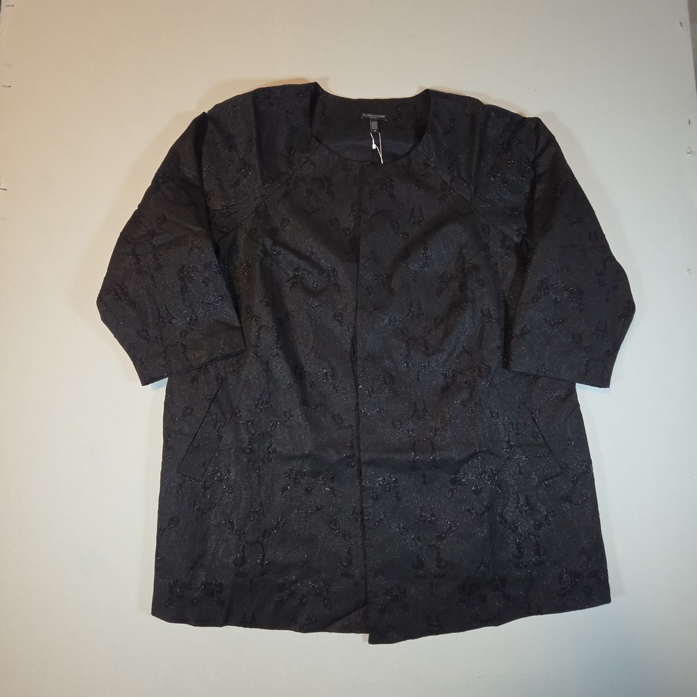 NWT Eileen Fisher Black Shimmer Jacquard Round Neck Jacket Size 2X Quiet‎ Luxury